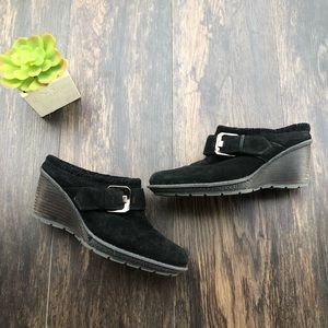 Aquatalia Black Suede Sherpa Wedge